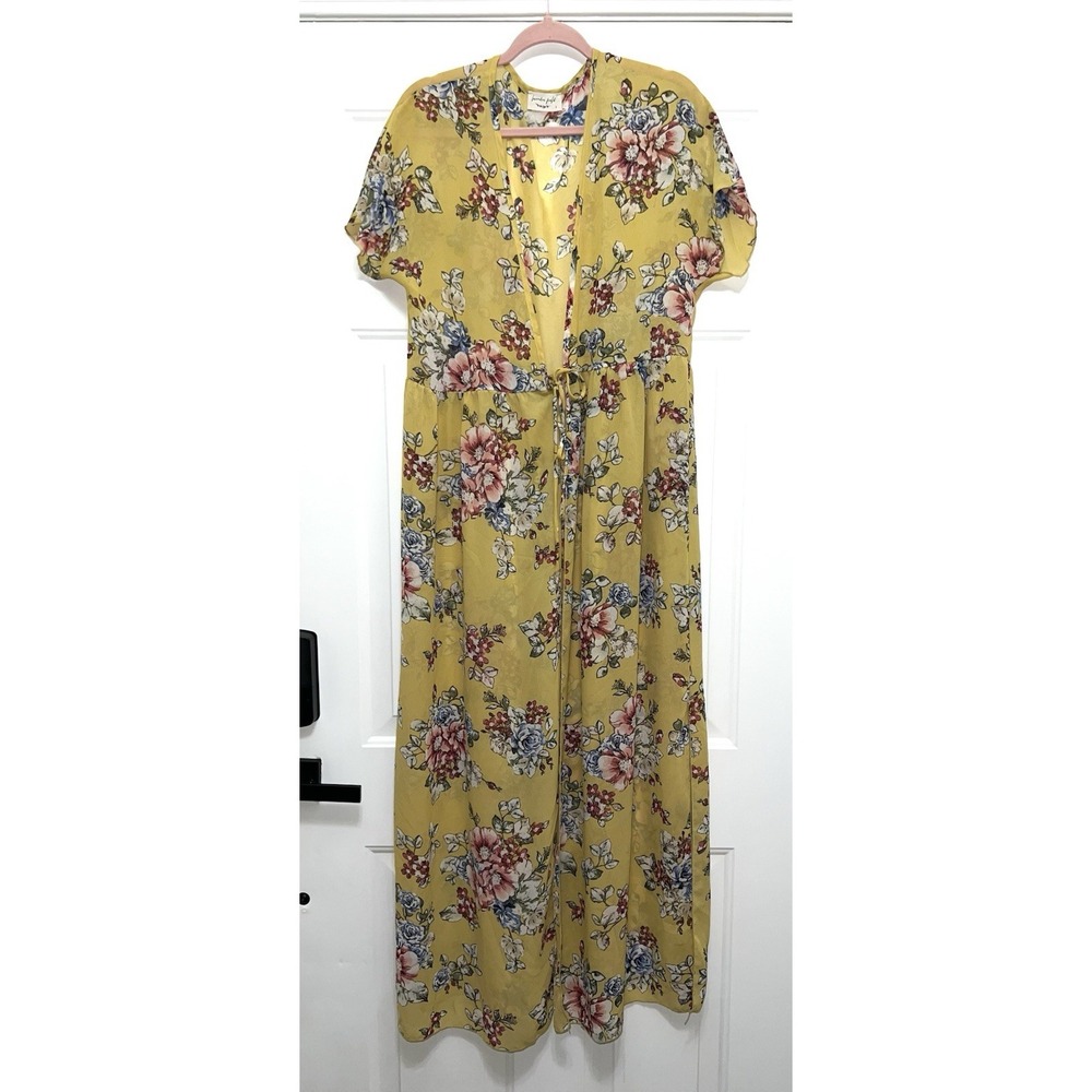 Lavender Field's Large Sheer Yellow Floral Long Short‎ Sleeve Kimono Y2K Boho